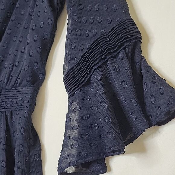 4 BANANA REPUBLIC CLASSIC CHIFFON SWISS DOT FLUTTER SLEEVE NAVY BLUE LINED DRESS - Picture 14 of 14